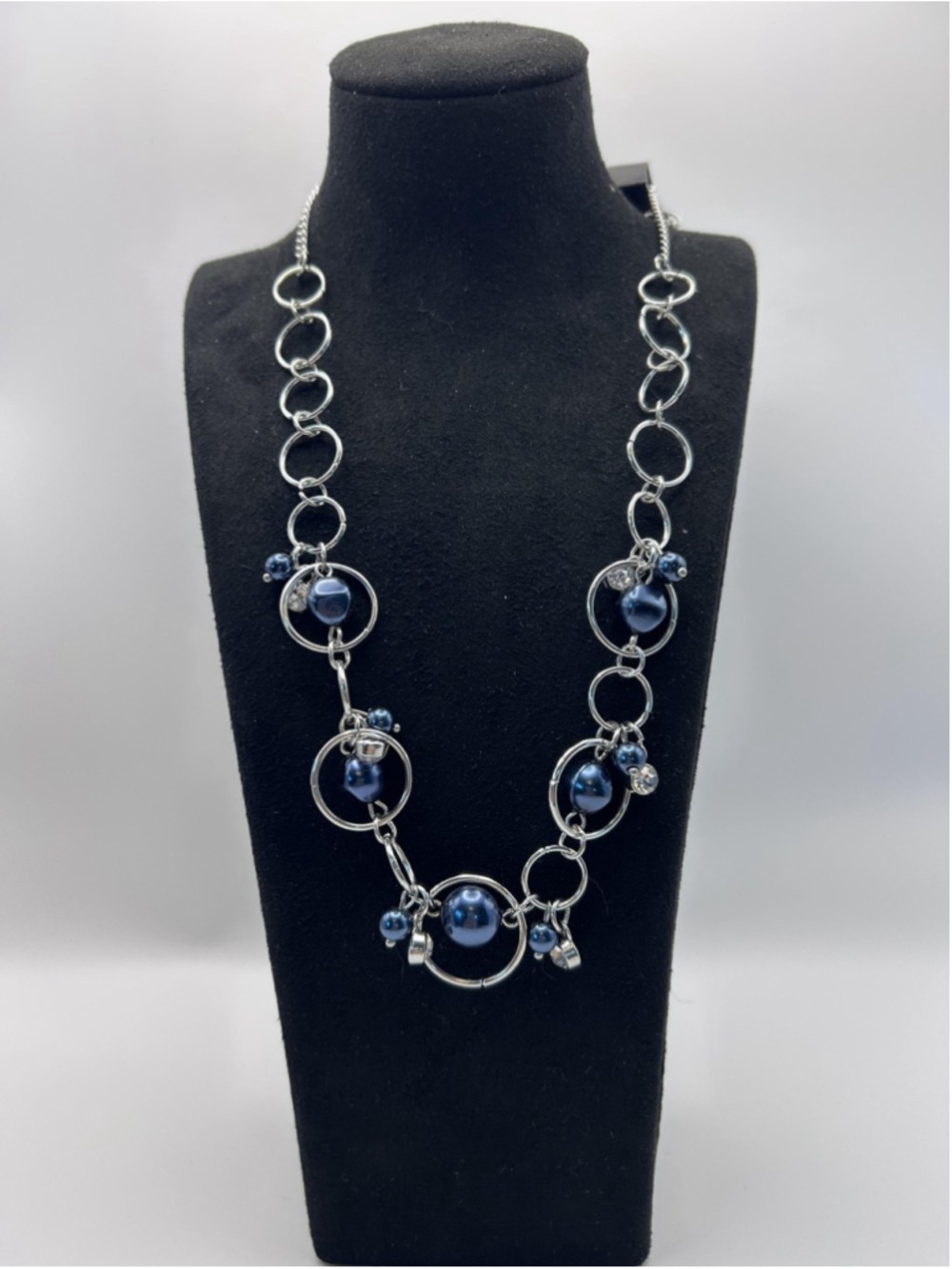 Necklace Paparazzi Blue Imitation Pearl Silver Tone Circle Chain Earrings Set